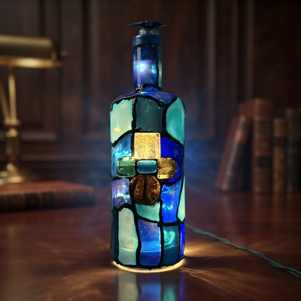 Star multicolored mosaic-style illuminated bottle art