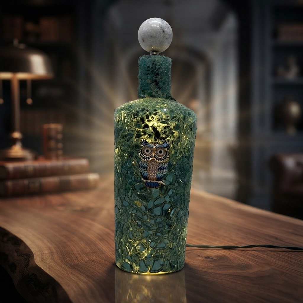 Wanda – Green Owl Lighted Bottle Art